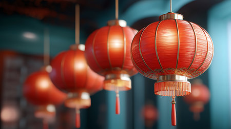 A stunning display of elegant red lanterns radiating warmth and tradition. Perfect for any celebration or cultural decor, showcasing vibrant colors and artistic details.の写真素材