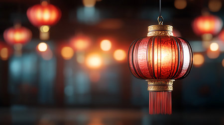 A beautifully illuminated red lantern hanging against a softly blurred background, perfect for celebrations or cultural representations, with an enchanting ambiance.の写真素材
