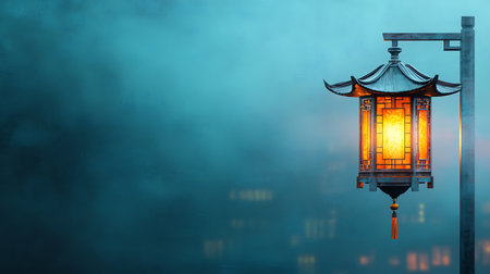 A beautifully designed traditional lantern emits a warm glow in a misty atmosphere, evoking the serene charm of an ancient Asian townscape.の写真素材