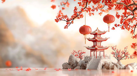 A beautiful depiction of an Asian temple surrounded by cherry blossoms and hanging lanterns, creating a tranquil, dreamlike atmosphere ideal for relaxation and inspiration.の写真素材