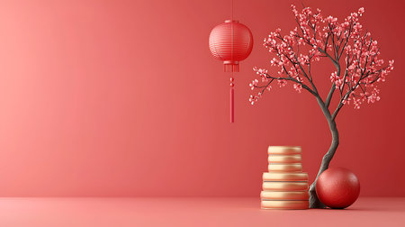 A stunning arrangement featuring a cherry blossom tree, decorative gold stacks, and a lantern against a vibrant red background, perfect for celebrations and aesthetics.の写真素材