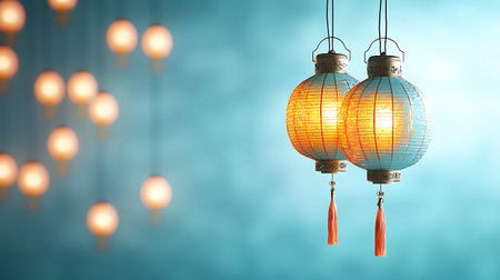 Two beautiful decorative lanterns emit a warm glow against a soft blue background, perfect for...