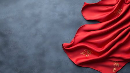 This image features luxurious red silk fabric beautifully draped over a textured gray background, showcasing intricate embroidery and vibrant colors perfect for design projects.の写真素材
