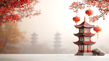 Discover a tranquil scene featuring a traditional Asian pagoda adorned with vibrant lanterns and cherry blossoms, set against a serene landscape backdrop.の写真素材