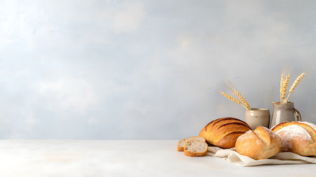 A visually appealing arrangement of freshly baked bread loaves beside wheat, creating a warm and inviting scene, perfect for culinary-themed projects.の写真素材