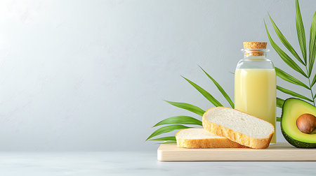 A fresh and vibrant display featuring avocado, toast, and a healthy oil bottle on a wooden board...