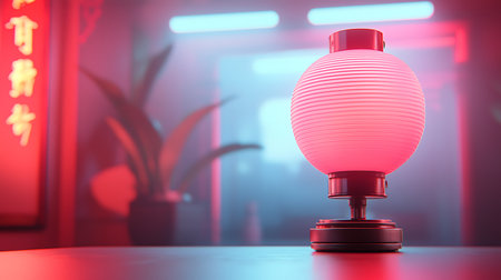 A striking pink lantern adds a warm glow to a modern Asian-inspired interior, creating a cozy ambiance perfect for intimate spaces or creative environments.の写真素材