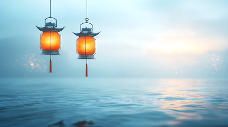 Two glowing lanterns hang above tranquil waters at dusk, surrounded by gentle mist. The serene atmosphere creates an enchanting blend of light and nature.の写真素材