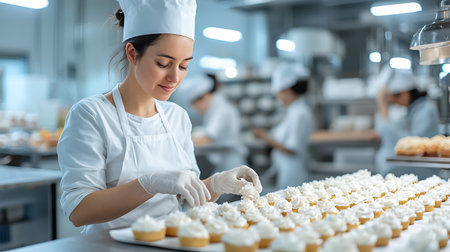 A professional baker meticulously decorates a tray of freshly baked cupcakes in a modern bakery kitchen, showcasing artistry and passion for baking.の写真素材