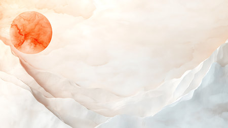 This abstract artwork features a soft orange sun setting over gentle waves of pastel textures, creating a calm and serene atmosphere. Perfect for modern decor.の写真素材