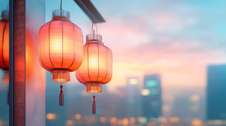 Captivating red lanterns emit a warm glow, creating a serene atmosphere against a blurred city skyline at dusk, enhancing the beauty of urban settings.の写真素材