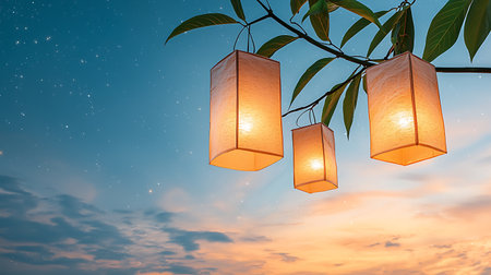 Explore the serene beauty of three paper lanterns gently glowing against a twilight sky, creating a tranquil ambiance perfect for celebrations or peaceful evenings.の写真素材