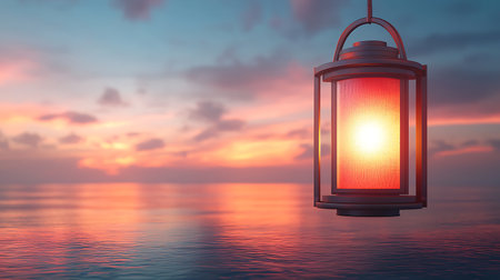A captivating lantern emits a warm glow over tranquil ocean water during a stunning sunset, creating a serene and peaceful atmosphere.の写真素材