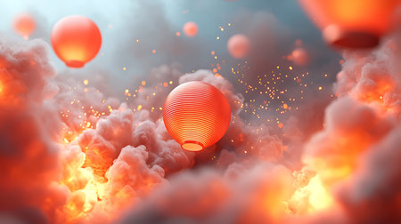 A breathtaking scene featuring floating lanterns amidst colorful clouds and sparkling light effects....