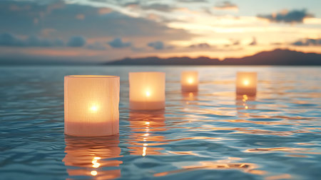 Soft glowing lanterns float serenely on water during sunset, creating a peaceful ambiance. The...