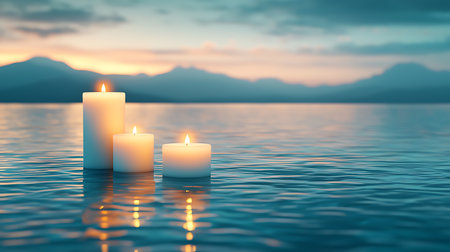 Stunning scene of floating candles on calm water at dusk, surrounded by serene mountains. Perfect ambiance for relaxation and tranquility.の写真素材