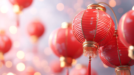 Colorful red lanterns float elegantly in the air, creating a warm and festive atmosphere for...