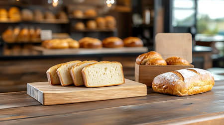 A stunning display of freshly baked bread on a rustic wooden table in a modern bakery. The warm...