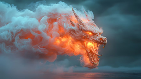A striking illustration of a mythical dragon's head emerging from dramatic clouds, exuding flames and power, perfect for fantasy-themed projects and artworks.の写真素材