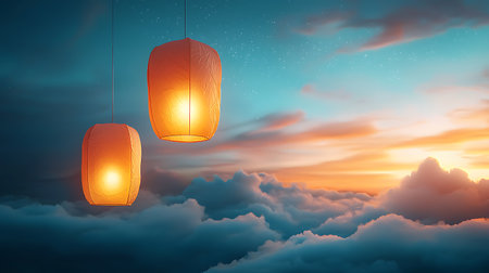 Two glowing lanterns float peacefully above soft, colorful clouds at dusk. A warm sunset paints the horizon, creating a tranquil atmosphere.の写真素材