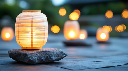 A serene evening scene featuring beautifully illuminated lanterns resting on smooth stones, creating a warm ambiance. Soft bokeh adds to the tranquility.の写真素材
