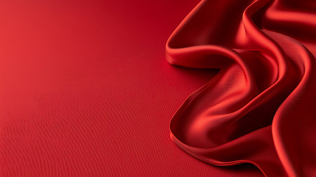 This image showcases a luxurious red satin fabric, elegantly flowing on a smooth surface, highlighting its rich texture and beauty. Ideal for various design projects.の写真素材