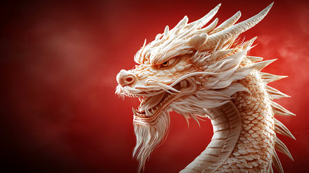 Stunning artwork featuring a majestic dragon with intricate scales and fierce eyes, set against a vibrant red background, perfect for fantasy themes.の写真素材