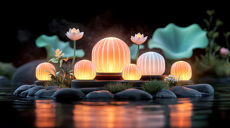 This enchanting image features glowing lanterns and delicate water lilies floating in a calm pond,...