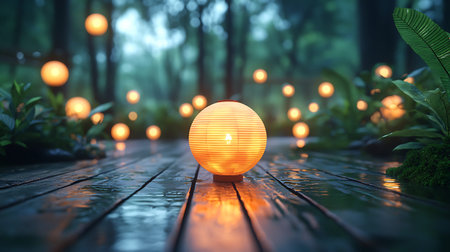Discover a tranquil scene featuring glowing lanterns along a wet wooden path in a lush forest. The...