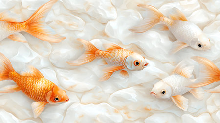 A stunning scene featuring colorful goldfish swimming gracefully on a soft white background, creating a peaceful and serene aquatic environment perfect for nature lovers.の写真素材