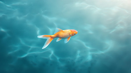 A vibrant goldfish glides effortlessly through serene aqua blue water, illuminated by gentle sunlight, showcasing its beauty in this tranquil underwater scene.の写真素材