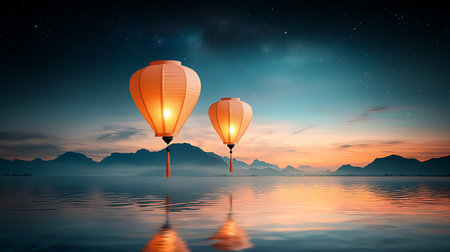 A breathtaking scene featuring floating lanterns illuminated against a stunning sunset. The tranquil water reflects the mountains, creating a serene atmosphere filled with peace and wonder.の写真素材