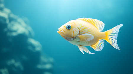 A vibrant yellow fish gracefully swims through clear blue ocean waters, surrounded by beautiful coral reefs, showcasing the serene and diverse marine life.の写真素材