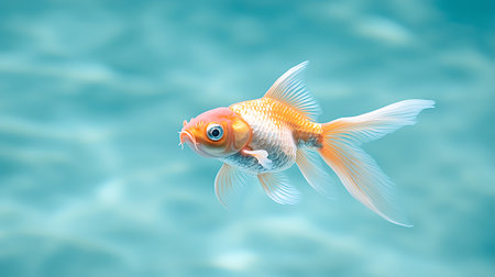 A vibrant goldfish glides gracefully through the clear aqua water, showcasing its bright colors and serene movements. Ideal for nature lovers and pet enthusiasts.の写真素材