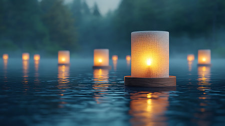 A serene scene of candles floating gently on calm water, surrounded by soft mist at dusk, creating a tranquil atmosphere perfect for relaxation and reflection.の写真素材
