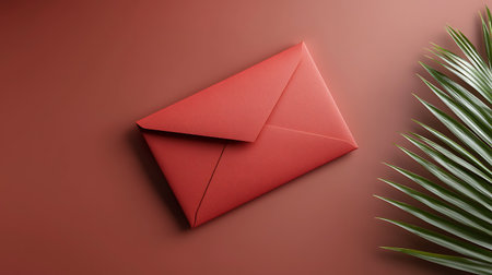 A stylish red envelope rests on a smooth brown surface with a hint of green leaf, perfect for invitations or special messages.の写真素材