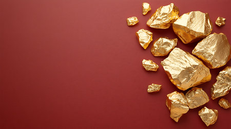 A stunning arrangement of shiny golden rocks set against a rich red background, highlighting luxury, elegance, and artistic design for creative projects.の写真素材