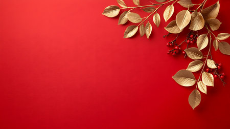 Elegant composition of golden leaves and red berries against a vibrant red backdrop, perfect for holiday decoration and seasonal themes.の写真素材