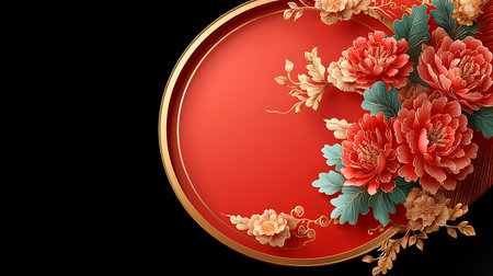 This stunning floral design features vibrant red flowers against a sleek background, framed by an elegant circular gold outline, showcasing intricate artistry and beauty.の写真素材