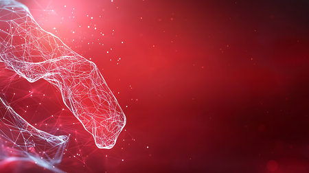 Futuristic abstract depiction of a hand gesture formed by geometric lines set against a vibrant red background, representing technology and innovation.の写真素材