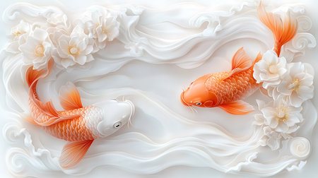 This stunning illustration features elegant koi fish swimming in a tranquil setting with soft floral elements. Perfect for decoration and art lovers.の写真素材