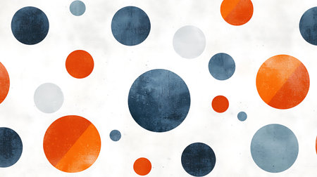 This image features a playful arrangement of colorful circles in blue, gray, and orange on a...