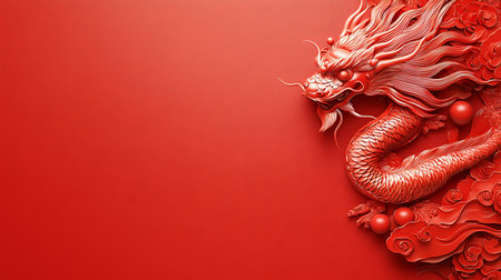 A captivating red dragon sculpture against a vibrant background, symbolizing strength and wisdom. Ideal for art, culture, and festive themes.の写真素材