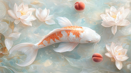 A delicate koi fish gracefully swims through a serene pond filled with soft water lilies, creating a tranquil and beautiful environment.の写真素材