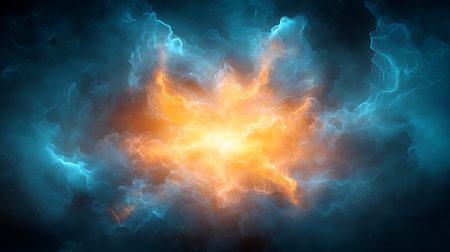 Stunning abstract representation of cosmic energy featuring vivid orange and blue swirls against a...