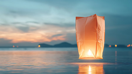 A soft, glowing lantern floats gently above calm water at twilight, creating a peaceful atmosphere with distant mountains in the background and delicate clouds.の写真素材