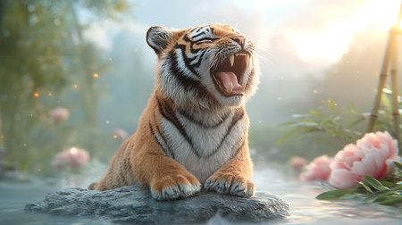 A captivating image of a roaring tiger surrounded by lush greenery and delicate flowers, inspired by nature's beauty and wildlife.の写真素材