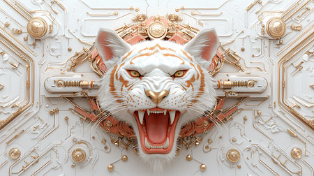 This striking artwork features a fierce white tiger head integrated with abstract technology elements, combining power and modern design.の写真素材