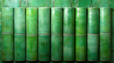 A stunning display of green cylinders featuring unique textures and patterns, perfect for creative projects and decorative themes in contemporary design.の写真素材