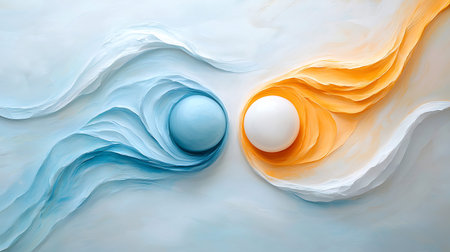 This abstract artwork showcases a harmonious blend of flowing shapes in soft blue and vibrant...